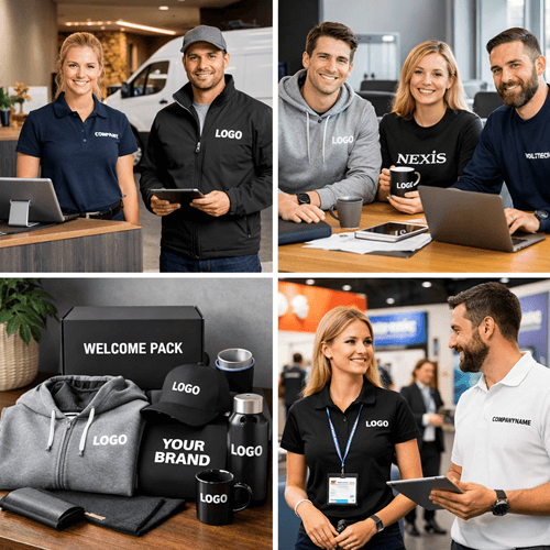 Odzież firmowa z logo dla zespołu: polówki, bluzy i kurtki + welcome pack (kolaż)